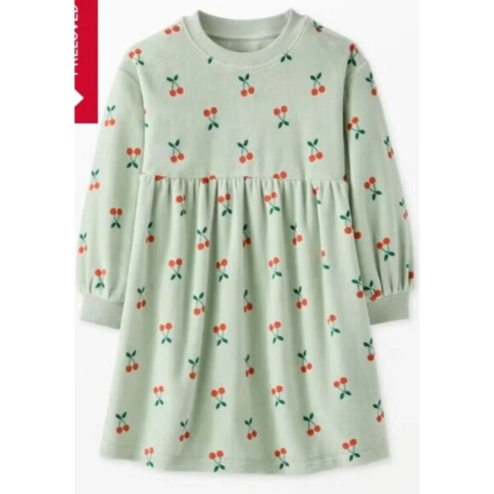 Hanna Andersson Long Sleeve Velour Dress –‎ Cherry Berry on Seafoam (Size 8)